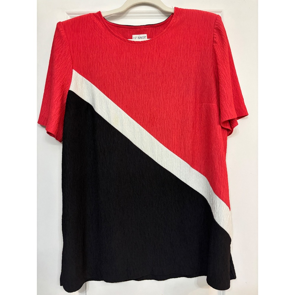 Vintage Womens 1X Red Black Colorblock Crinkle Short Sleeve Blouse Liz Baker